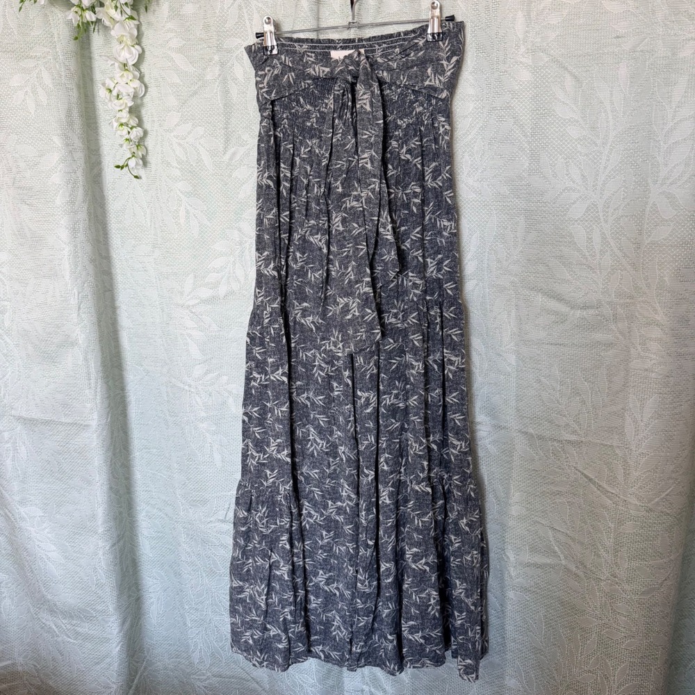 NEW $64 Bohme Womens L Smocked Tiered Wide Leg Pant Black Leaf Print Boho Resort